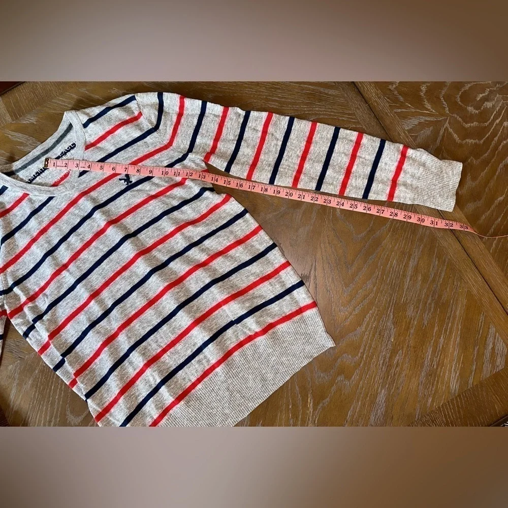 American Eagle Cotton V-Neck Sweater - Grey with Red & Blue Stripes - Size M